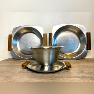 Vintage MCM Stainless Steel Teak Wood Set Appetizer Serving Bowl